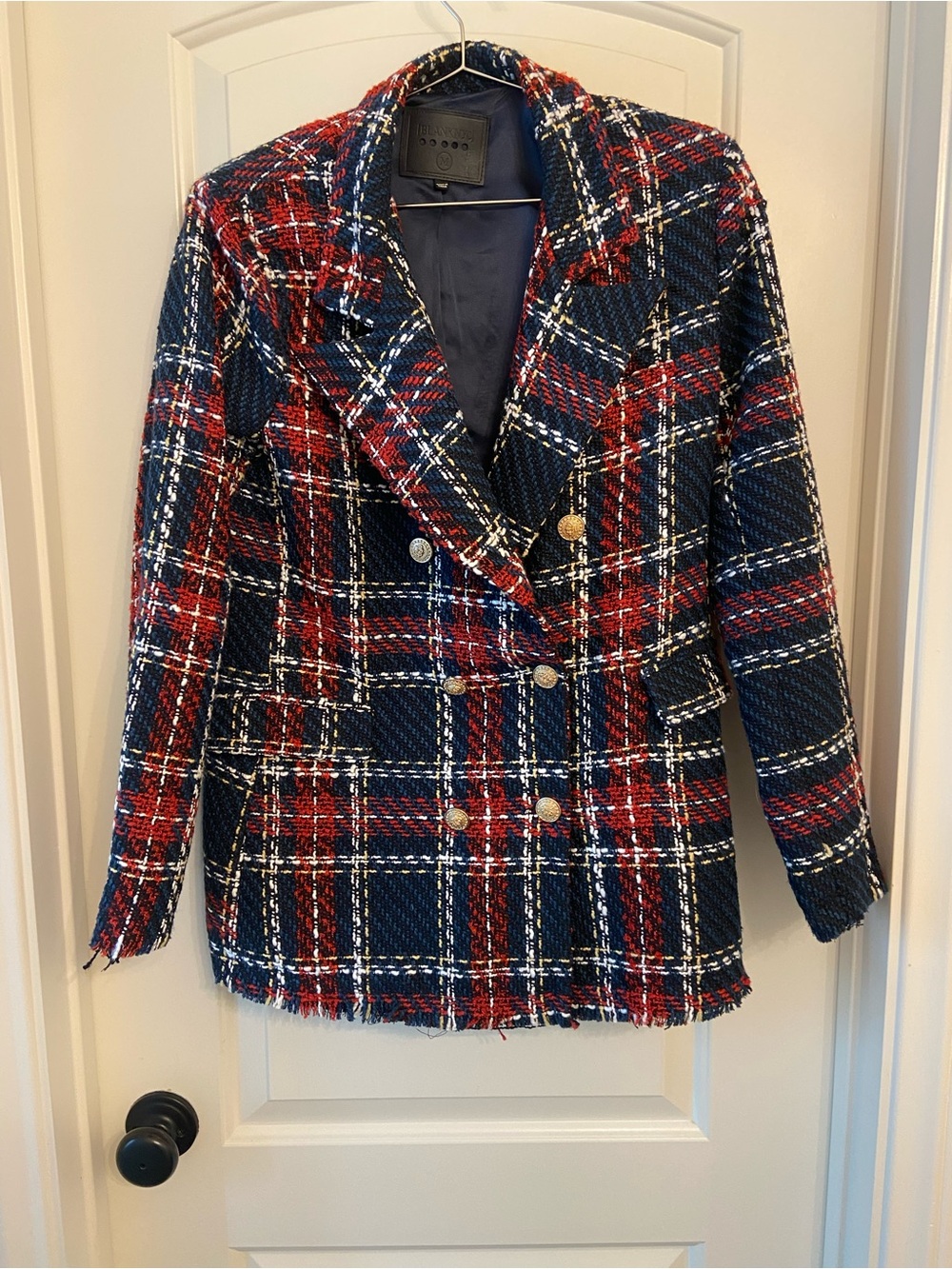 Blank NYC Navy & Red Plaid Tweed Doublei-Breasted Blazer